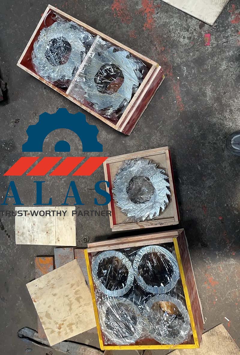 ALAS Multi-Claw Double Shaft Shredder Blades Ready for Shipping Export standard wooden crates filled with ALAS high-performance multi-jaw double shaft shredder blades wrapped in protective film