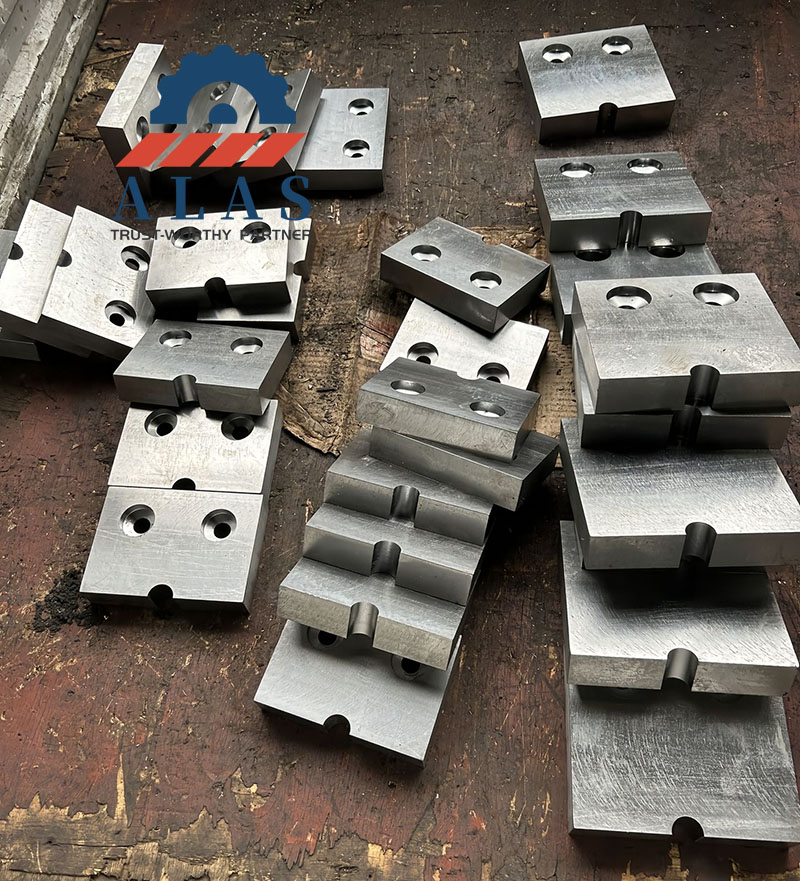 Notched Rebar Cutter Blades & Replacement Blocks Premium tool steel rebar shear blades with precision alignment notches and countersunk bolt holes for industrial cutters