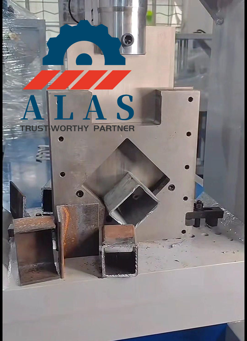 ALAS In-Machine Shearing Performance & Cut Quality Samples Industrial square tube cutting die installed in hydraulic press with burr-free channel steel and angle iron sheared samples