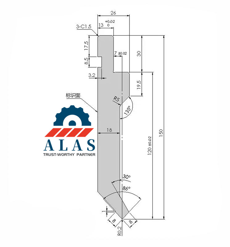 Press Brake Upper Punch Dimension Blueprint Engineering blueprint of a press brake punch indicating European style clamping tang and strict manufacturing tolerances