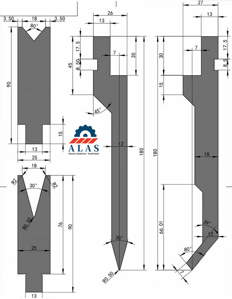 Custom Press Brake Die Engineering Drawings & Specifications Technical drawing and section dimensions of custom press brake tooling, including upper punches and lower V-dies manufactured by ALAS
