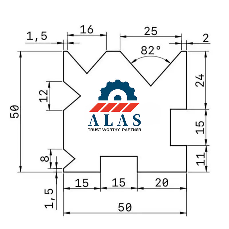 Multi-V Press Brake Die Engineering Diagram Technical drawing of a 4-way multi-V press brake die block with detailed dimensions for sheet metal thickness selection