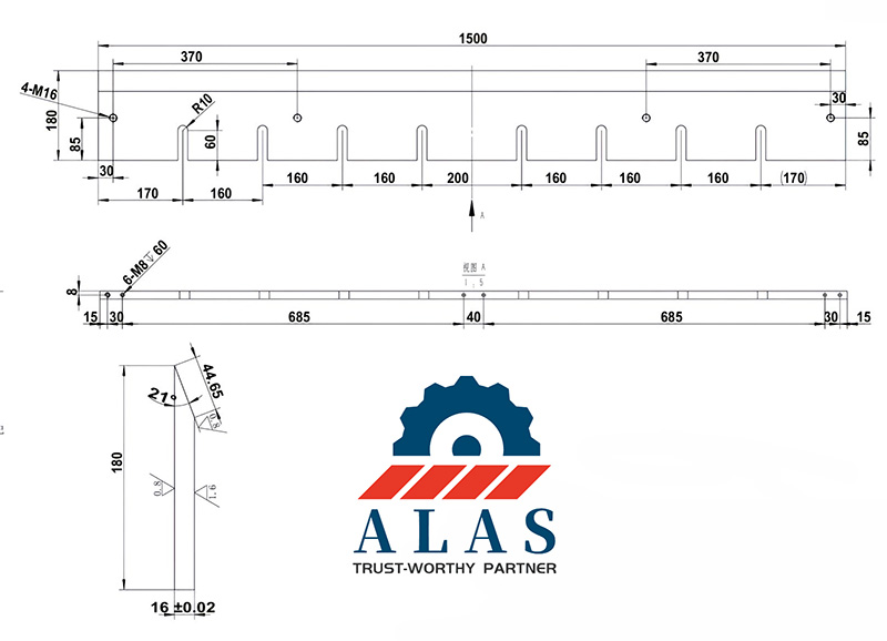 Custom Wood Chipper Blade Technical Drawing Technical engineering drawing of a custom wood chipper blade with dimensions