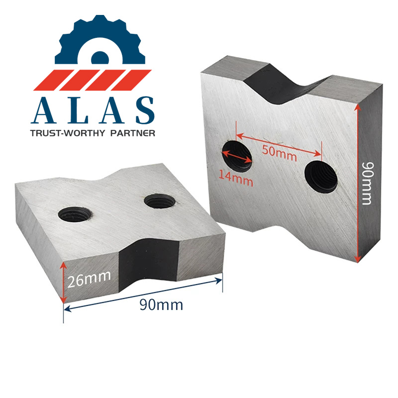 90x90x26mm V-Groove Rebar Cutter Blade Specifications 90mm by 90mm by 26mm V-groove bar cutter blade with dual bolt holes and 50mm hole spacing specifications