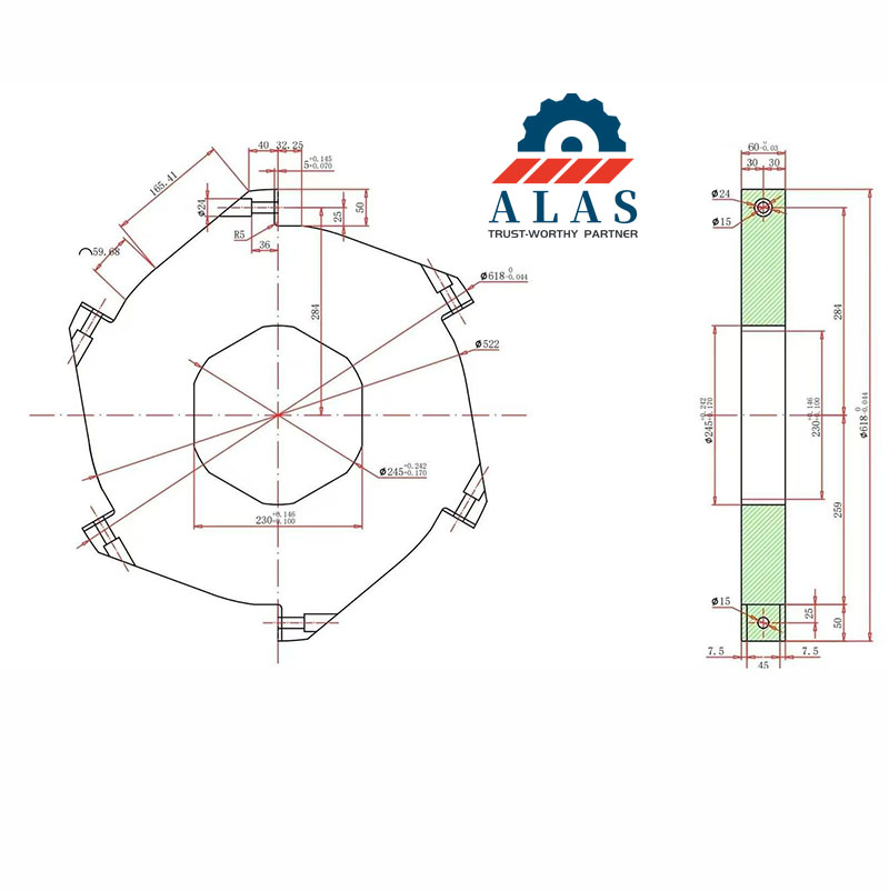 ALAS OEM/ODM Custom Design Engineering for Shredder Blades Technical CAD blue print drawing of ALAS OEM custom double shaft shredder blade with dimensional details