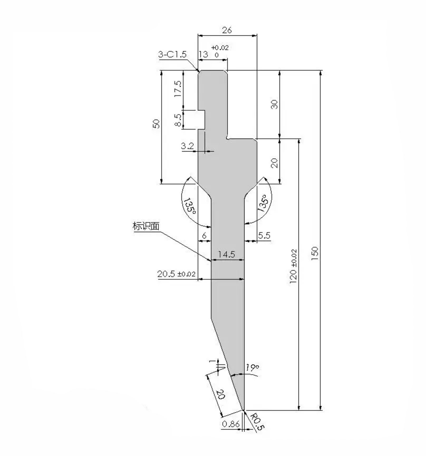 Technical CAD drawing of precision CNC press brake tooling upper punch