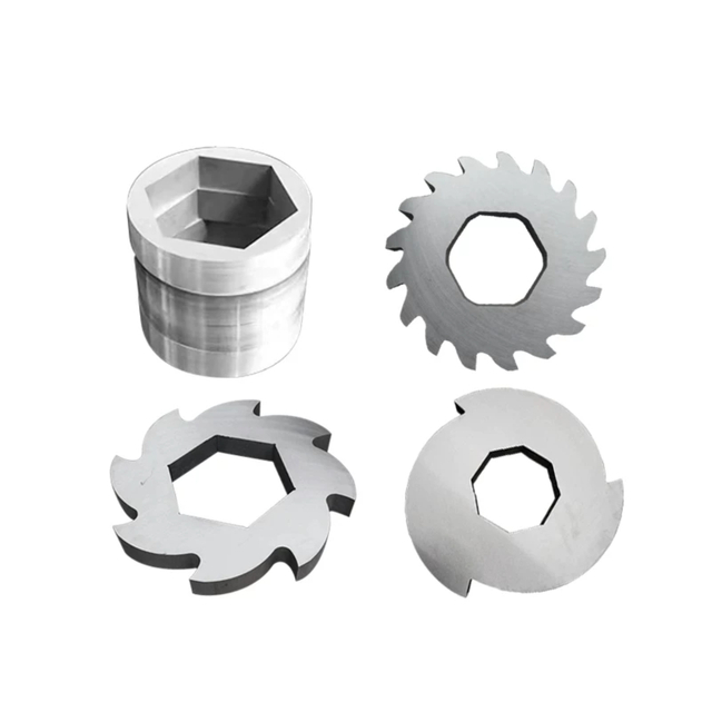 Precision-ground shredder spacers and blades with vacuum heat treatment for industrial recycling.