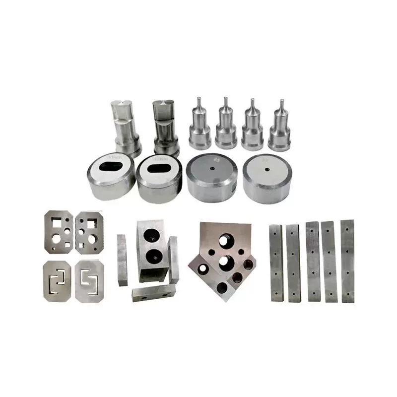 Complete set of ironworker tooling including round punches, square dies, and flat bar shear blades