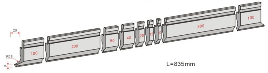 Segmented CNC press brake tooling punch with 835mm full sectional length dimension