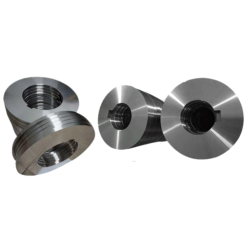 Precision rotary slitter blades made of D2 steel for high-speed metal slitting.
