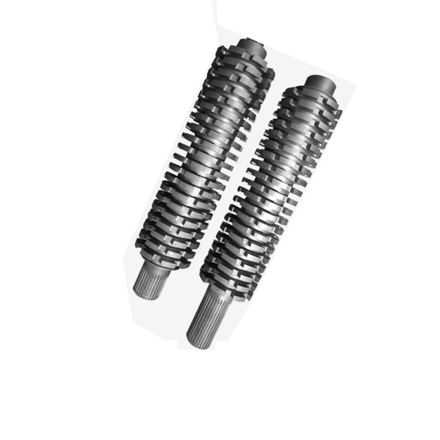 Two-shaft shredder rotor and knife side view showing