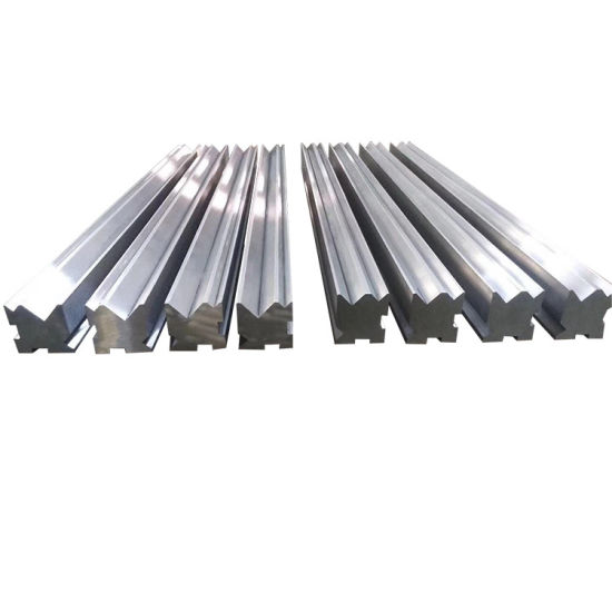 Universal 4-way press brake die with different V-opening sizes for versatile sheet metal bending.