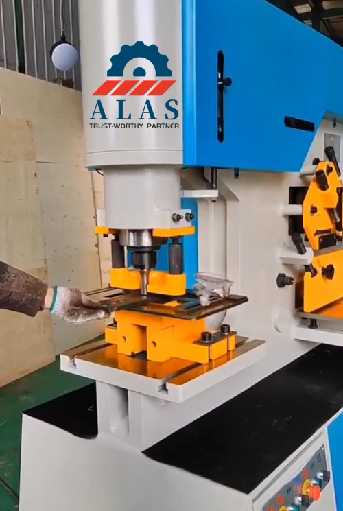 ALAS Ironworker Punching Parts Performance in Operation Industrial hydraulic ironworker machine punching station in operation with replacement parts installed