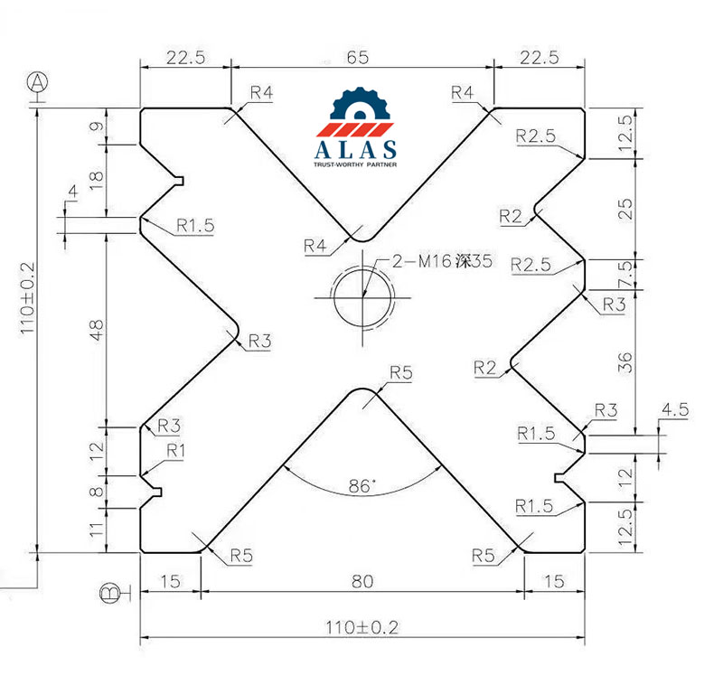 Technical cross-section blueprint of ALAS 110x110mm CNC precision segmented multi V lower die