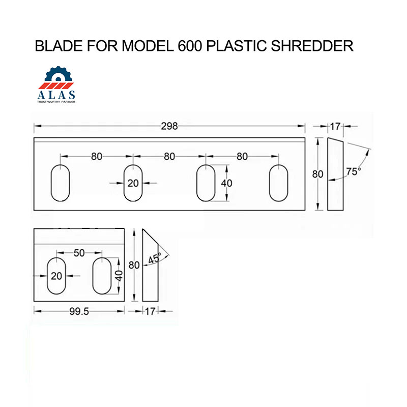 Technical drawing and dimensions for model 600 plastic shredder blade and granulator knife