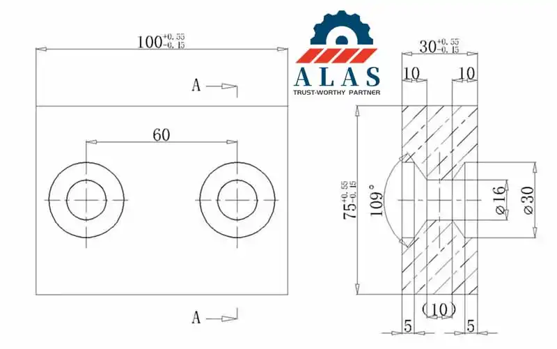 Technical 2D blueprint of a rectangular 2-hole rebar cutter blade detailing pitch lengths and countersunk angles