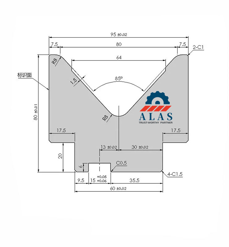 Technical dimensional drawing of ALAS 60mm base European standard single V lower die
