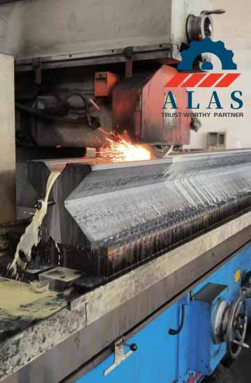 Heavy-duty high-tonnage press brake dies featuring a large V-opening performing a thick structural plate bending operation