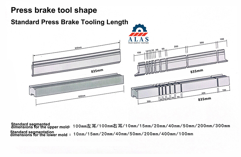 Technical drawing illustrating standard 835mm segmented upper punch splitting (10-piece set) and lower die segmentation length options