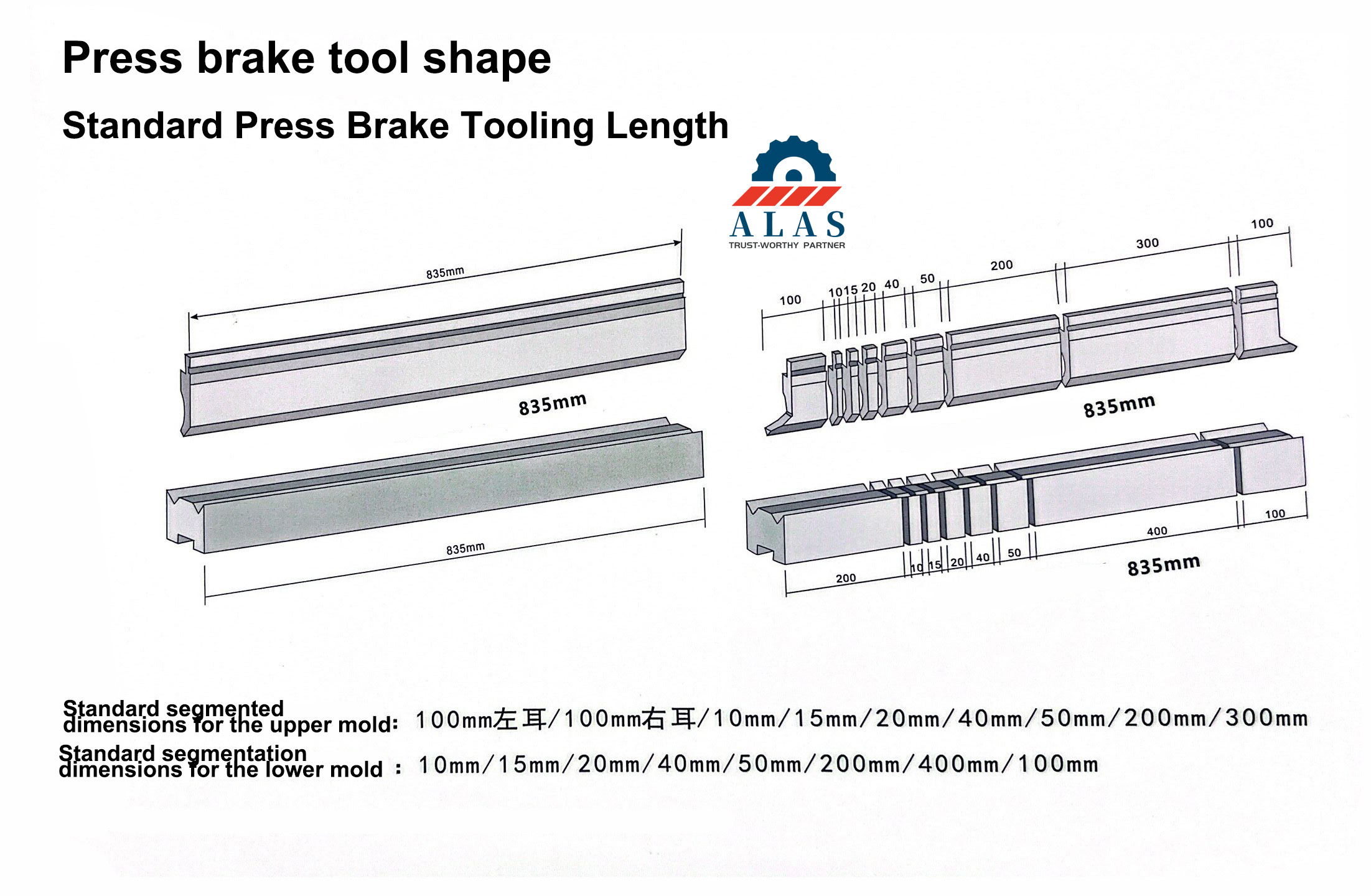 ALAS 835mm standard and segmented press brake tooling blueprints, Euro style split upper punches and lower die blocks