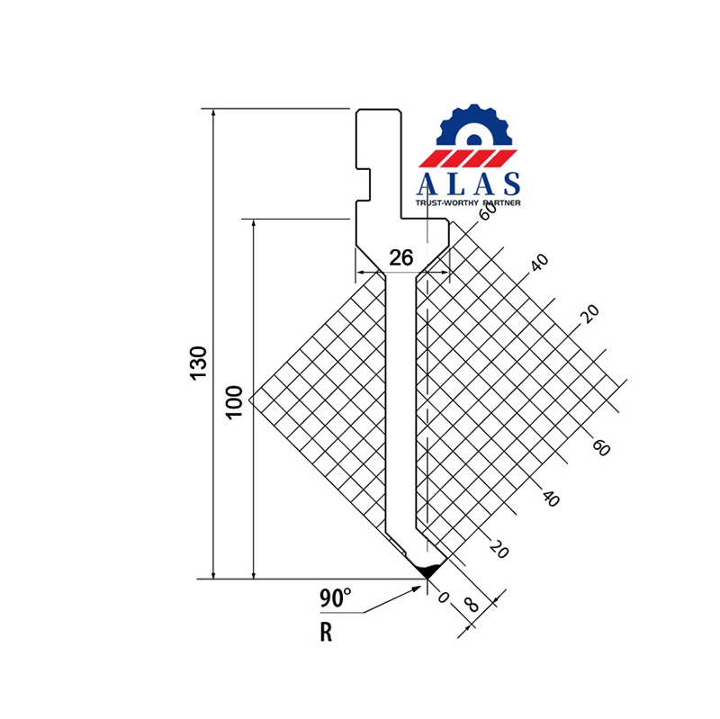 Engineering drawing of a 90 degree semi gooseneck punch with interference grid