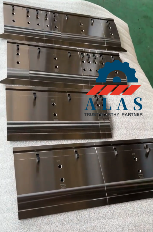 ALAS precision segmented press brake tooling sets featuring fine CNC ground surface finishing and safety ear hooks.
