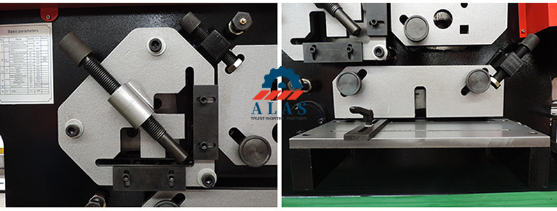 Q35Y ironworker profile shearing station and flat bar shear plate view