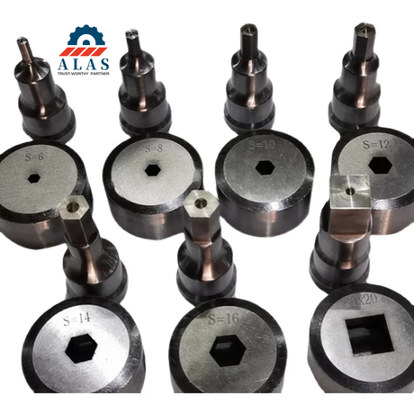 Custom hexagon and square ironworker punch and die set sizes S6 to S16.