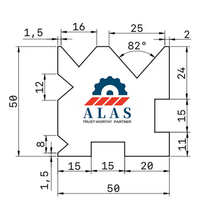 ALAS multi-V press brake die drawing: 50x50mm cross section profile with 16mm, 25mm, 12mm, and 8mm bending V-grooves