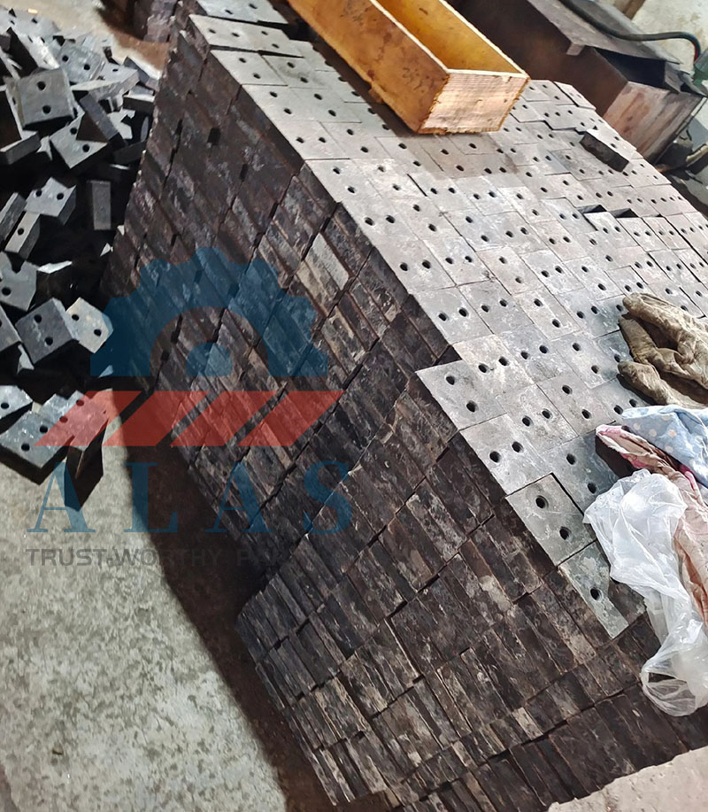 Thousands of steel rebar shearing blade blocks in ALAS warehouse