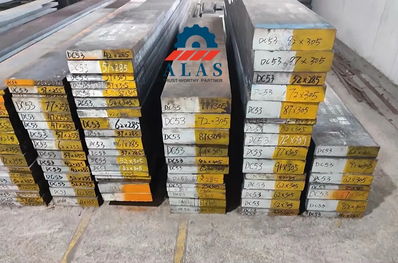 Massive stock of certified DC53 matrix tool steel flat plates with marked technical dimensions for continuous industrial blade manufacturing.