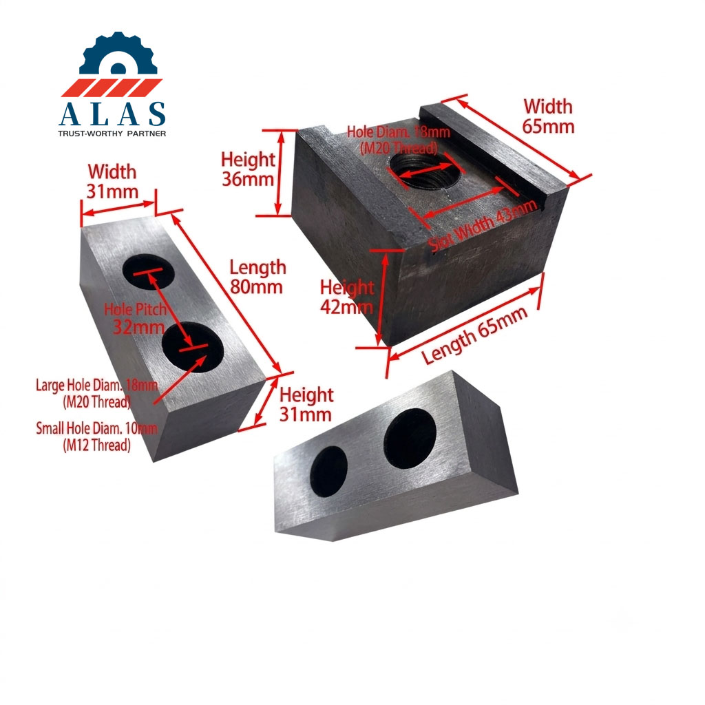 CAD dimensioned drawing of ALAS D2 / DC53 rectangular notcher blade – length, width, hole spacing, corner radius