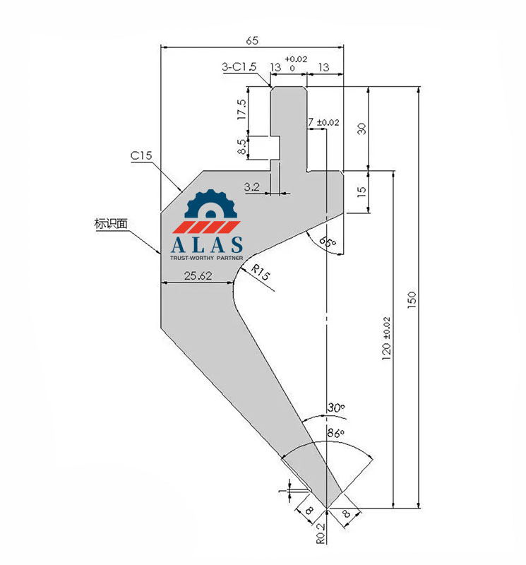 Technical dimensional blueprint of Euro standard gooseneck upper die with R15 throat depth