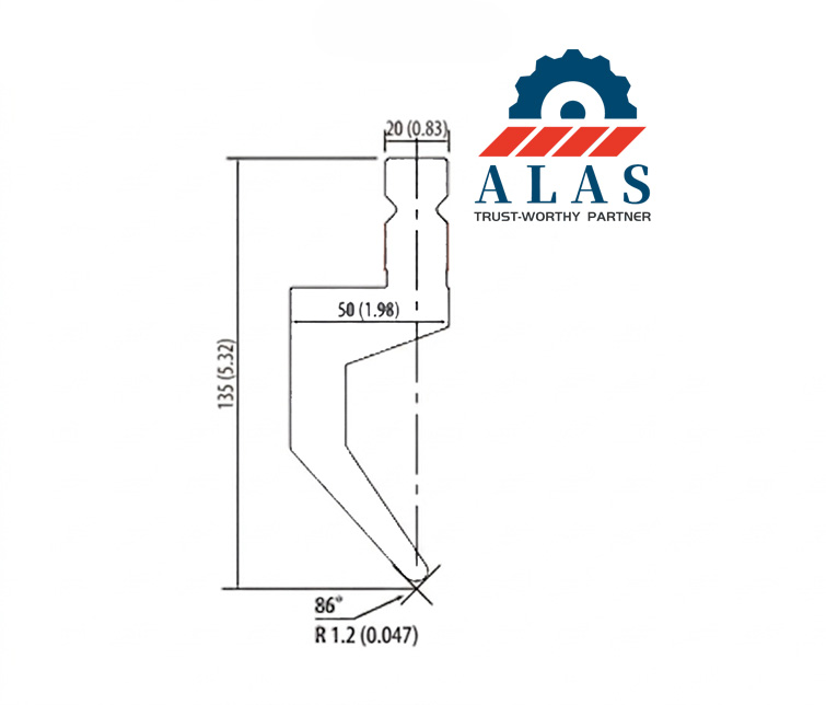 Technical drawing of ALAS 135mm height acute gooseneck press brake punch with 86-degree over-bending tip