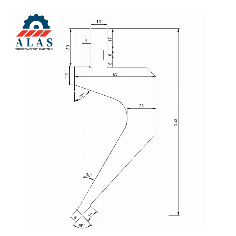 ALAS gooseneck press brake punch drawing: 150mm height blueprint with 85 degree tip and Euro style clamping profile