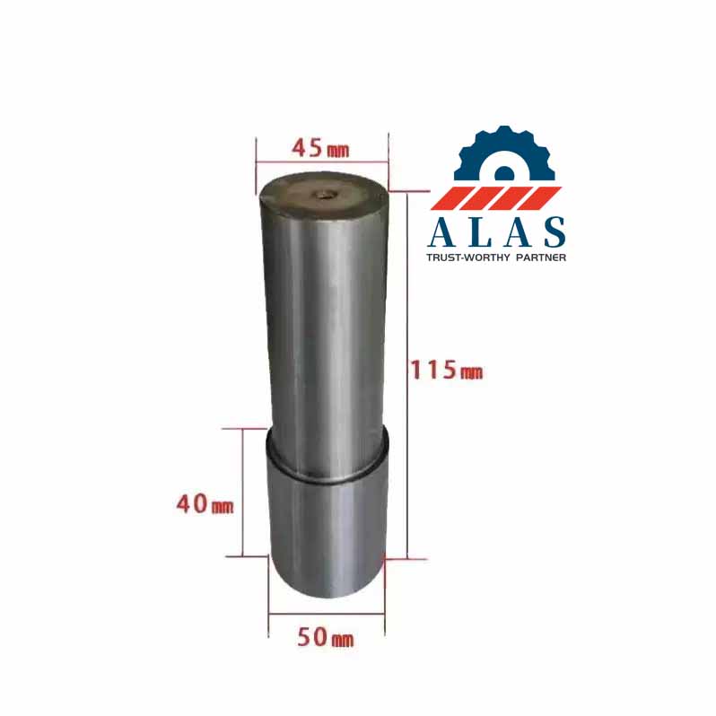 Custom manufactured 42CrMo stepped bending pin with 50mm base diameter 45mm top diameter 115mm total length and 40mm shoulder height