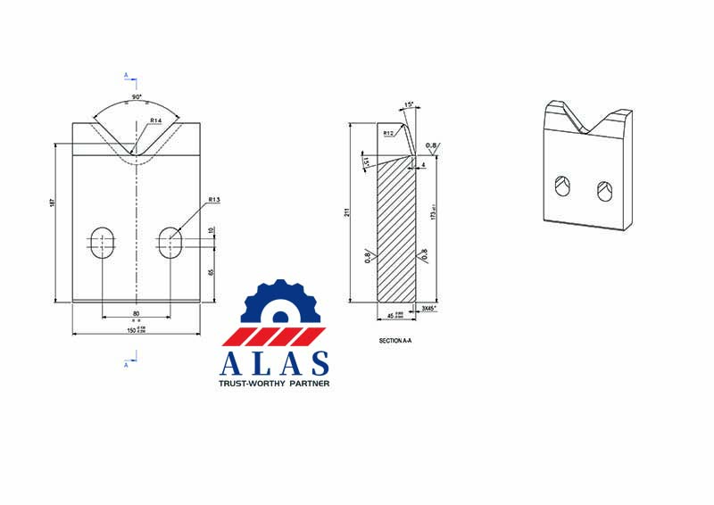 Technical CAD blueprint of a custom rotary flying shear blade with V-notch edge and Ra 0.8 precision finish indicators