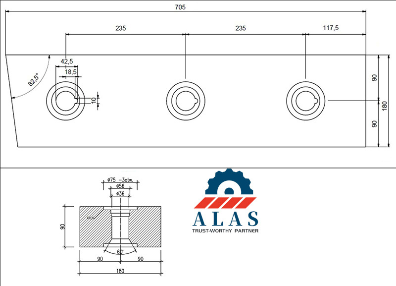 Technical 2D engineering blueprint of custom alligator shear blade featuring three counterbores and a central keyway