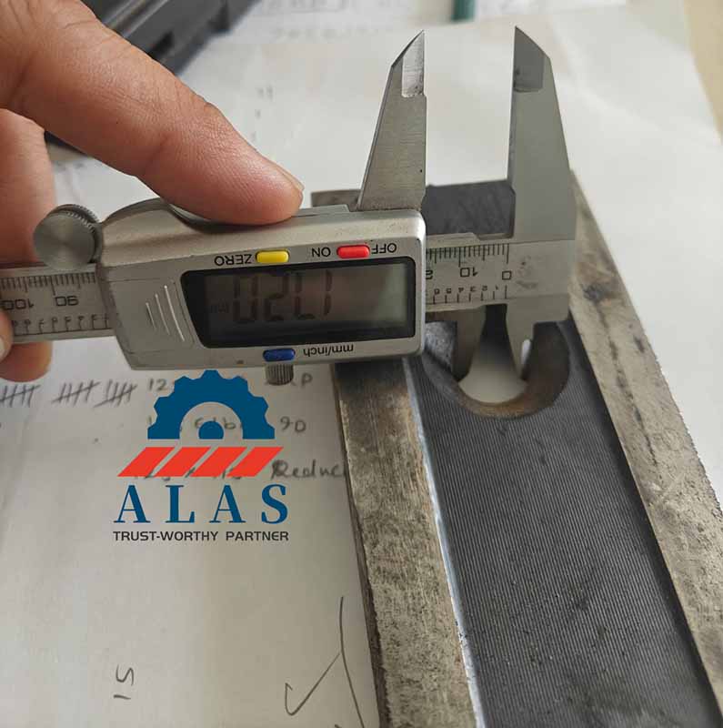 digital caliper depth rod measuring step depth on custom tool steel shear blade