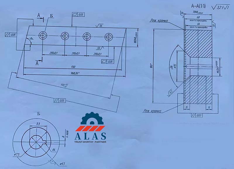 Bespoke 2D machining blueprint of a gantry scrap shear blade with a customized 78-degree acute relief angle and high-load cross sections
