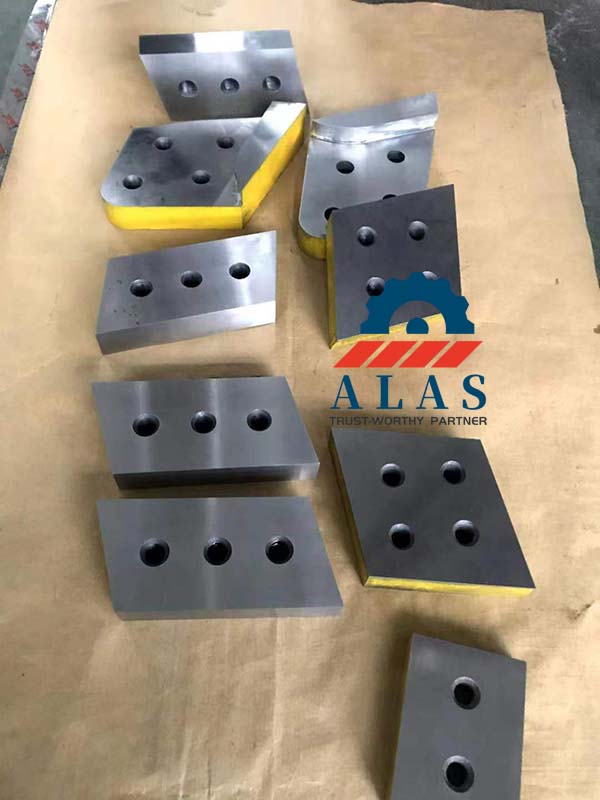 Replacement mobile scrap shear blades set with yellow protective coating, direct fit for LaBounty MSD shears.