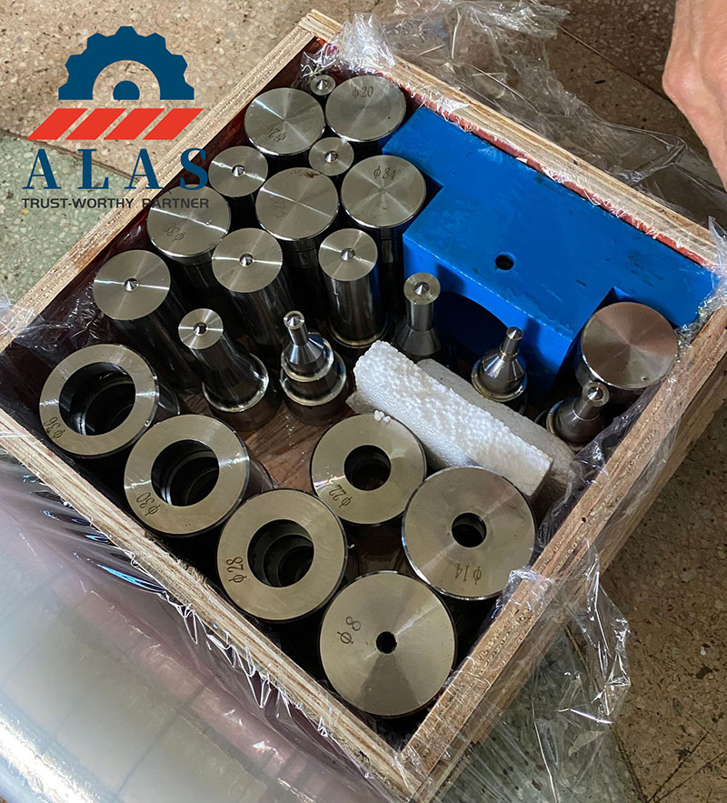 Export-ready wooden crate of ALAS round ironworker punch and die sets with laser-etched metric size specifications