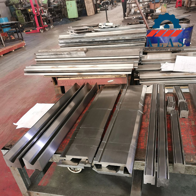 ALAS press brake punches and dies factory stock: full range of straight punches, gooseneck tools, and multi-V die blocks