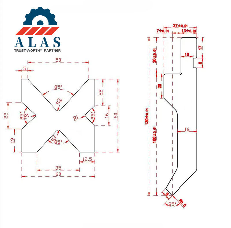 ALAS Custom Press Brake Tooling Punch and Die Dimensions Technical engineering drawing showing cross section dimensions of a press brake top punch and 4-way multi-V bottom die
