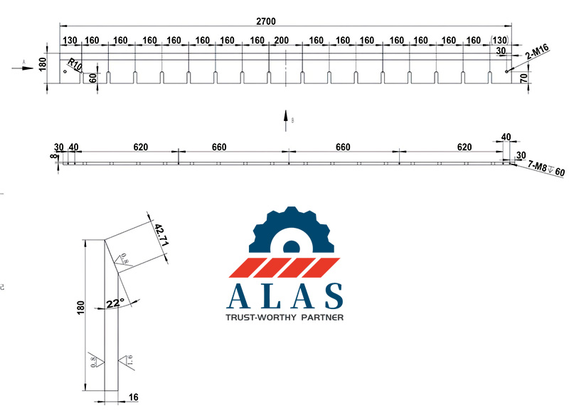 ALAS Custom Chipper Blade Engineering Drawing Precision engineering blueprint of custom wood chipper knife with exact bolt hole spacing and cutting edge angles