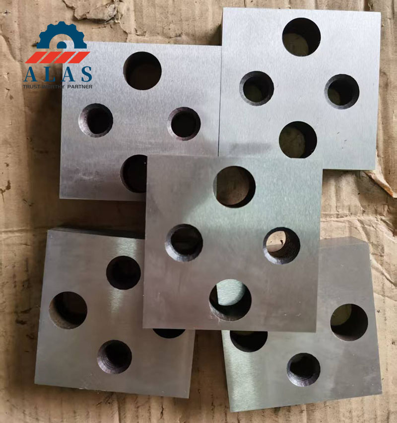 A group of five square H13 steel rebar cutter blades featuring a 4-hole bolt design for heavy-duty steel shearing applications