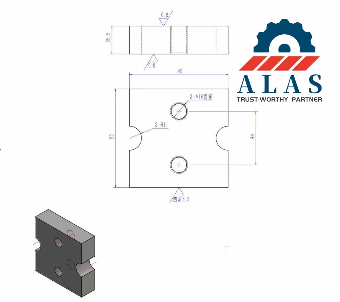 Technical 2D CAD blueprint drawing of a custom bar cutter blade with precise dimension metrics and bolt hole layouts.