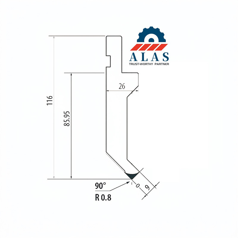 Technical drawing of a 90 degree semi gooseneck punch with 26mm heavy shoulder
