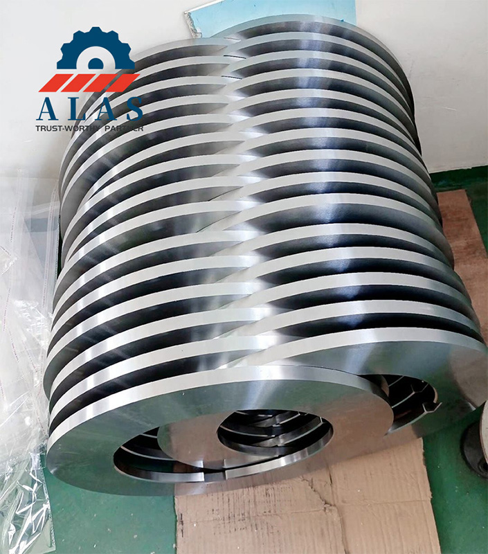 A batch of precision CNC ground rotary slitter blades arranged together showing high surface finish.