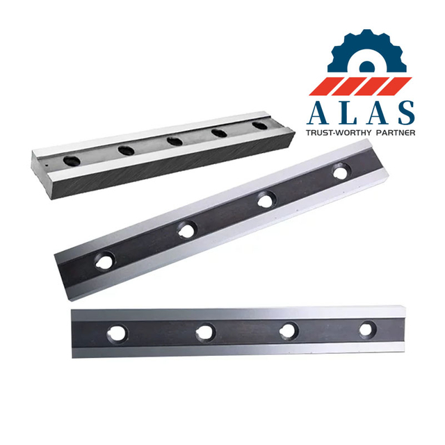 Three rectangular galvanized shear blades displaying precision bolt hole coordinates and metallic finish.